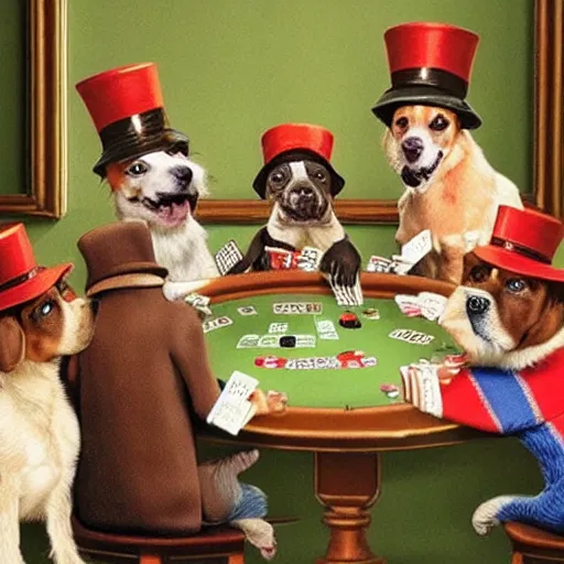 Prompt: Dogs playing poker wearing hats, vintage