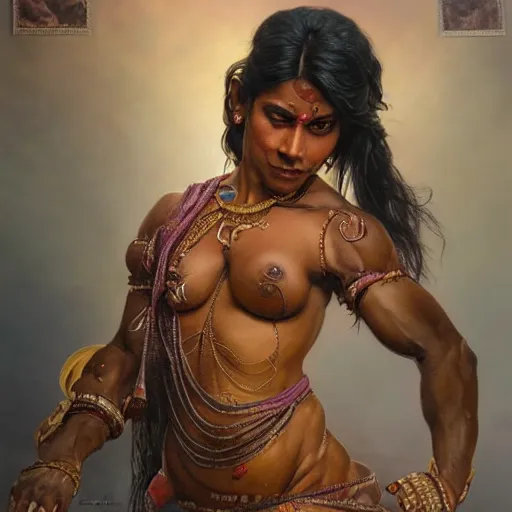 Image similar to full body painting of a muscular south indian woman, sari, ultra realistic, concept art, intricate details, eerie, horror, highly detailed, photorealistic, octane render, 8 k, unreal engine. art by artgerm and greg rutkowski and alphonse mucha