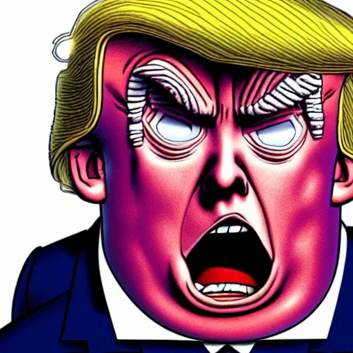 Image similar to donald trump's head as modok, the mental organism designed only for killing, little man in hovering throne, full body, psychic alien with huge head, marvel supervillain character