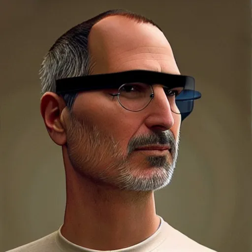 Prompt: “a hyperreal stylized portrait photograph of Steve Jobs wearing an Augmented Reality visor, in the year 2030, cyberpunk”