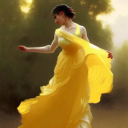 Prompt: a woman in a yellow organza dress dancing, intricate, elegant, digital painting, realistic, concept art, smooth, sharp focus, illustration, by ruan jia and mandy jurgens and william - adolphe bouguereau, artgerm