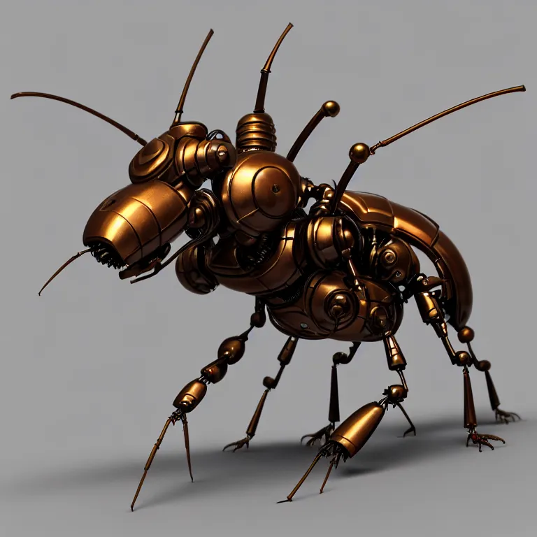 Image similar to steampunk robot ant, 3 d model, unreal engine realistic render, 8 k, micro detail, intricate, elegant, highly detailed, centered, digital painting, artstation, smooth, sharp focus, illustration, boris vallejo