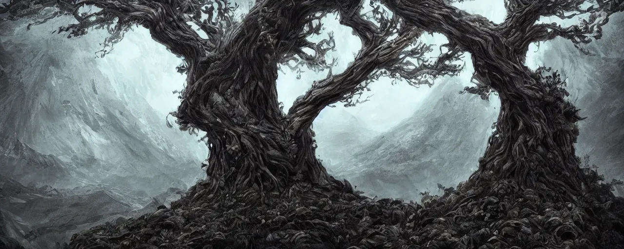 Image similar to a large tree full of eyes relinquished by the mountain, eerie, dark, large scale, breathtaking, mixed media, digital art, trending on artstation, 8k, epic composition, highly detailed, AAA graphics