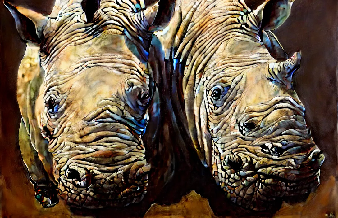 Prompt: portrait of a rhino!!!!!!!!!!!!!!!!!!!!!!!!!!!, detailed face, detailed painting, epic lighting, by ilya repin, phil hale and kent williams