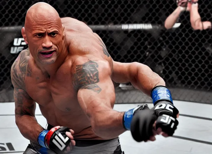 Image similar to dwayne the rock johnson in the ufc, 4 k, photorealistic