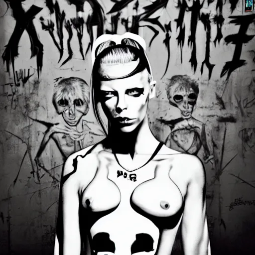 Image similar to die antwoord yolandi portrait, back and white, zef design graffiti in the background, dark lighting, freaky, digital art otomo katsuhiro