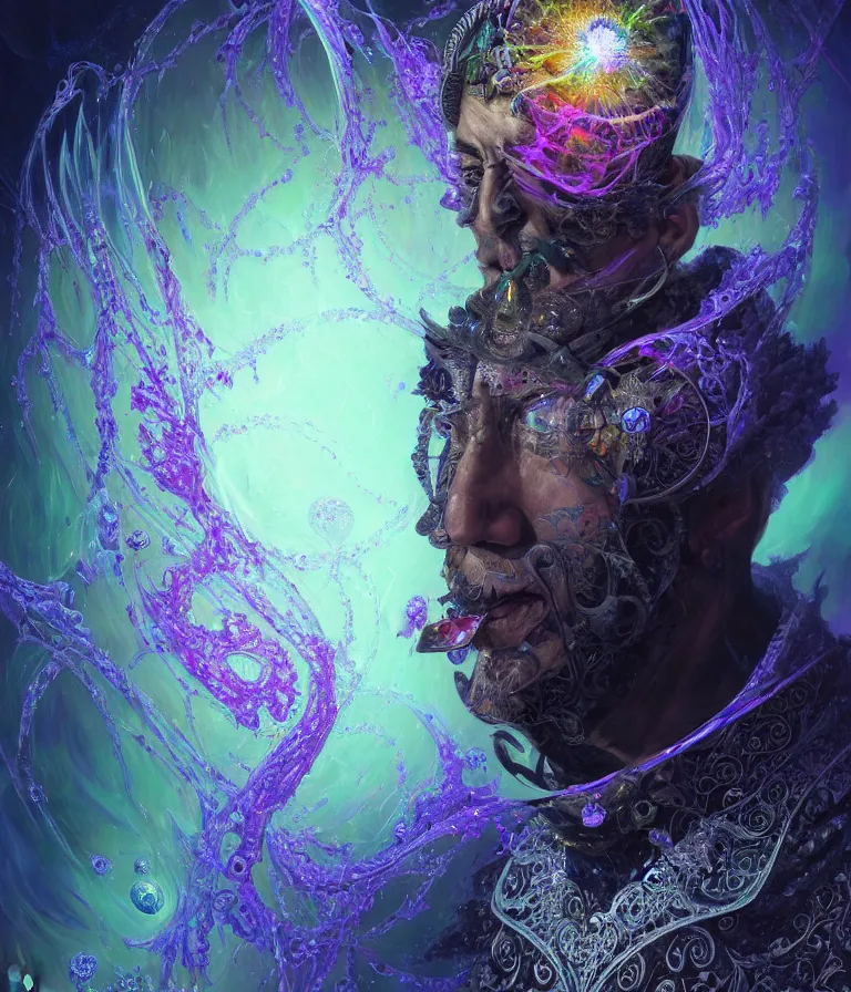 Image similar to front!!! shot of a court jester!!! character, mesmerizing fractal hypercubes, dark holography!!!, future, oil slick nebula, crystalline edges, (((intricate))), elegant, highly detailed, centered, (((artstation, concept art, smooth, sharp focus, artgerm, Tomasz Alen Kopera, Peter Mohrbacher, donato giancola, Joseph Christian Leyendecker, WLOP, Boris Vallejo))), ((raytracing)), mugshot!!!!!, ugly!!!!!!, octane render, nvidia raytracing demo, octane render, nvidia raytracing demo, octane render, nvidia raytracing demo, grainy, muted, 8K, digitalblasphemy, metatron