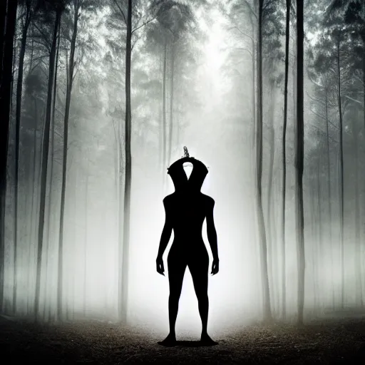 Image similar to a modern day ancient Egyptian pharaoh standing in a dark, gloomy forest, detailed, mythical, mist, fog, heavy fog, dark lighting, rim light, ambient light,