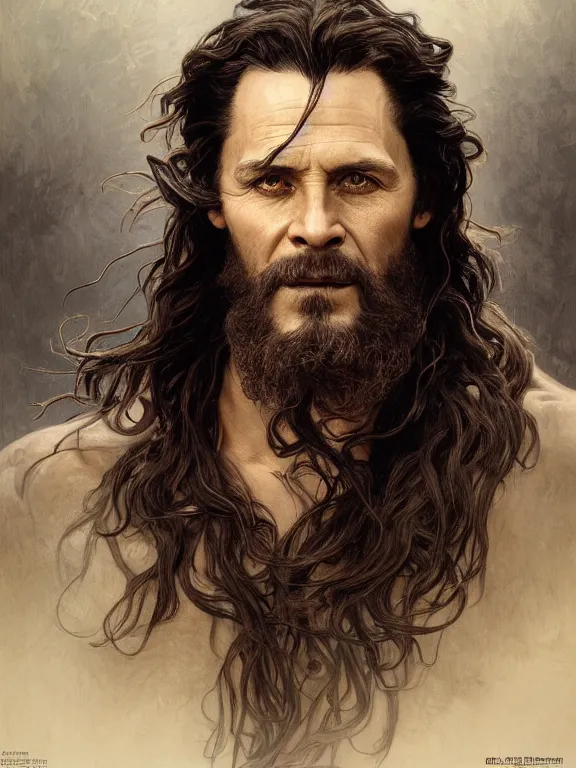 Image similar to painted portrait of rugged loki, god of trickery, norse god, black luscious hair, masculine, mature, handsome, upper body, grey and silver, muscular, fantasy, intricate, muscular, elegant, highly detailed, digital painting, artstation, concept art, smooth, sharp focus, illustration, art by gaston bussiere and alphonse mucha