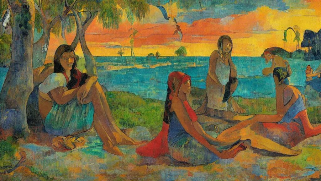 Image similar to chillhop picture, in style of paul gauguin, 4 k, high resolution details,