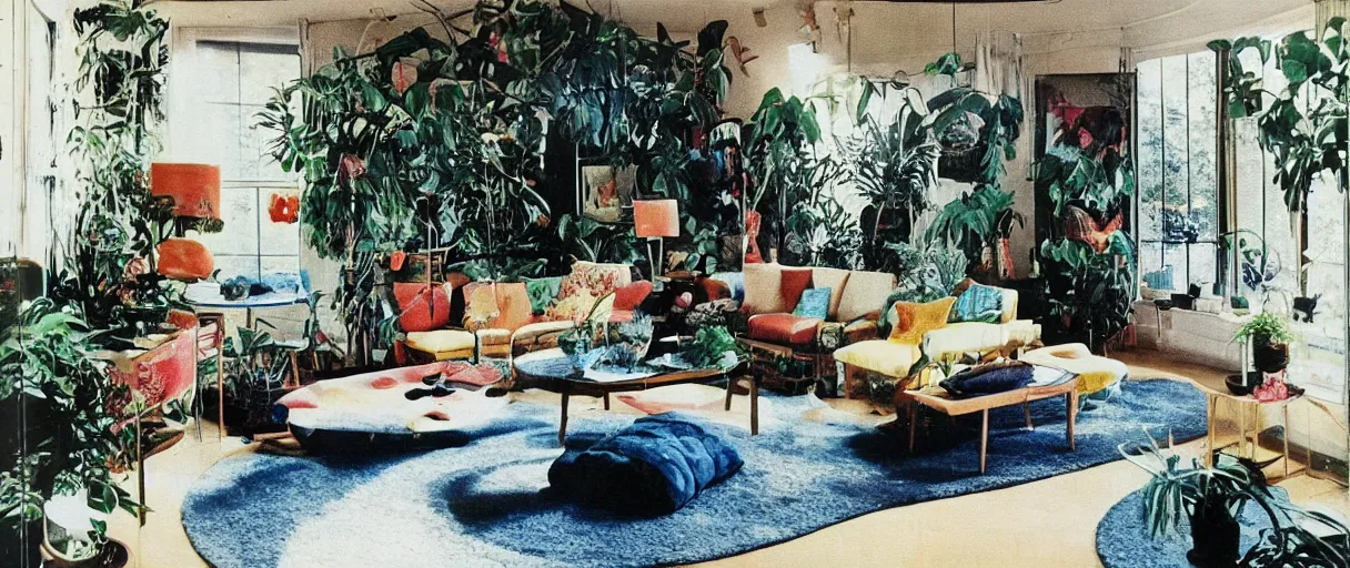 Image similar to 1970s interior design magazine photo of a living room, with a few hanging plants and lava lamps, and a couch, grainy, sunfaded, and circular windows, an A-Frame ceiling, cats on the couches, a rug on the floor, wooden walls, a potted cactus, art on the walls