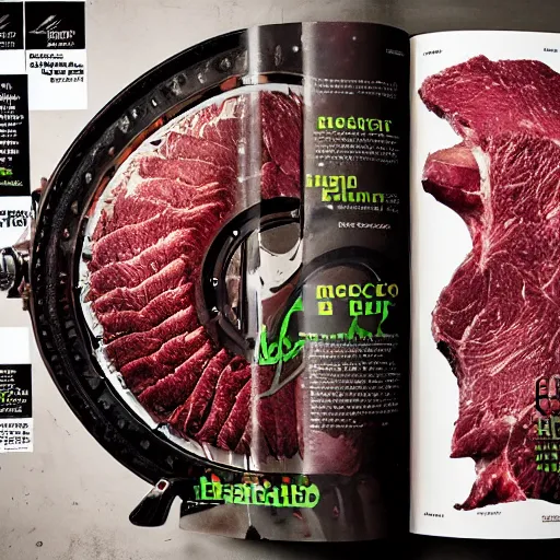 Image similar to meat cycle chimera, beef bike norco, flesh bicycle cannondale, glisten, oily, dripping, mechanical, professional food photography, high gloss magazine spread,