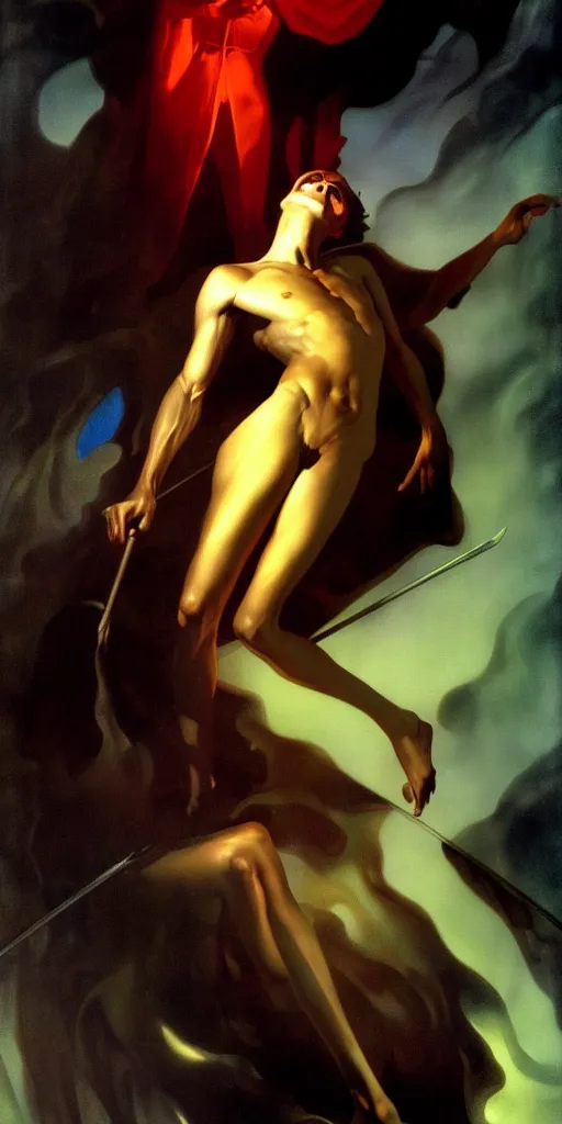 Image similar to Charon the ferryman of Hades, by Rolf Armstrong, dramatic lighting, high contrast colors, panoramic view, as trending on Artstation,