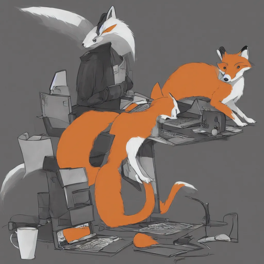 Image similar to an anthropomorphic fox in a hoodie sitting in front of a portable black computer, concept art, digital art, highly detailed, anime, by hayao miyazaki