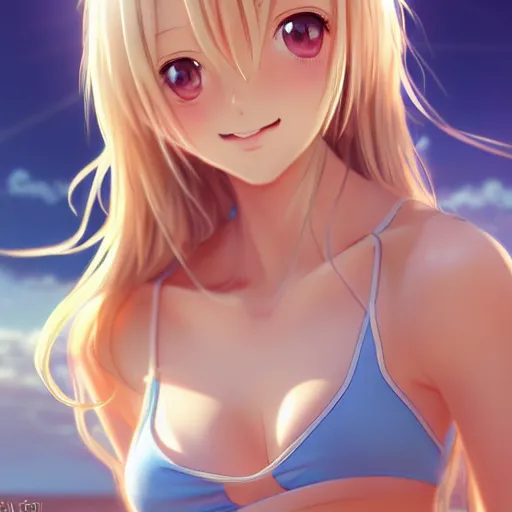 Image similar to a very beautiful young mature anime tennis girl, full body, long wavy blond hair, sky blue eyes, full round face, short smile, bikini, miniskirt, highly detailed, cinematic wallpaper by stanley artgerm lau