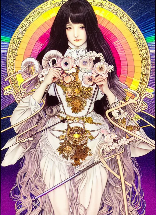 Image similar to highly detailed terada katsuya ayami kojima atrstation manga poster of princess mechine, rainbow gradient reflection, cute face by artgerm, art nouveau, long hair, armor, dress, laces, ruffles, 8 k, maximalist, golden ratio, alphonse mucha