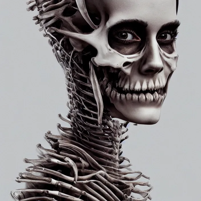 Image similar to portrait of emma watson as a skeleton. intricate abstract. intricate artwork. nightmare fuel. by Tooth Wu, wlop, beeple, dan mumford. octane render, trending on artstation, greg rutkowski very coherent symmetrical artwork. cinematic, hyper realism, high detail, octane render, 8k, iridescent accents