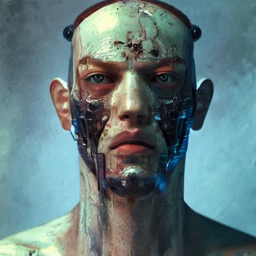 Image similar to mugshot photo of an ugly criminal, cyborg, (((high tech, cyberpunk))), by cy Twombly and BASTIEN LECOUFFE DEHARME, ((very coherent symmetrical artwork, cinematic, hyper realism, high detail, octane render, unreal engine, 8k))