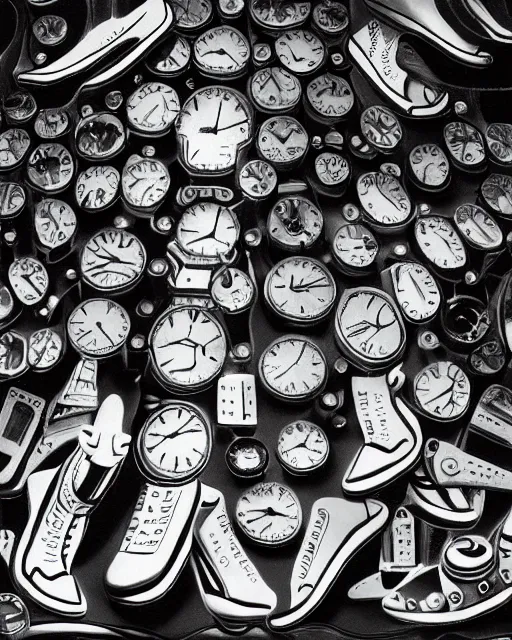 Image similar to balenciaga sneakers made out of clock parts, hyper realism, high detail, extremely detailed, very sharp, award winning photo, in the style of vivian maier