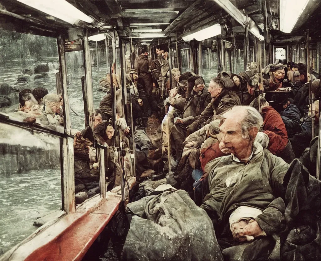 Prompt: Photo from inside the metro wagon, in the center of the frame stands one calm man up to his chest in water and looks at the camera. Metro wagon is half flooded. Warm lighting, old color photo, USSR, extremely detailed, 8k, colorful