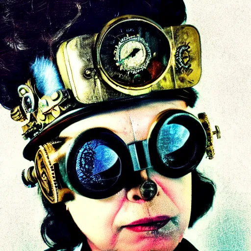 Prompt: the queen wearing big steampunk googles, colored photo by gustave baumann