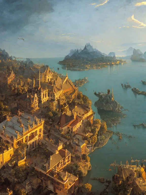 Prompt: an oil painting of an aerial view of a seaside Dungeons & Dragons fantasy town on a beautiful dawn by carl spitzweg and tuomas korpi. full-length view. baroque element. intricate artwork by caravaggio. Trending on artstation. halo. octane render, cinematic, hyper realism, 8k