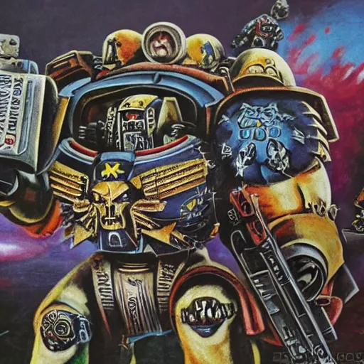 Image similar to anti - communist propaganda banner painting a space marine from warhammer 4 0 k fighting xenos written'defend the imperium'on the top, written'from xeno menace'on the bottom, warhammer 4 0 k, anti - communist banner, hightly detailed, digital art, illustration