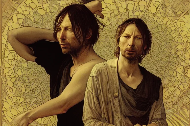 Image similar to hyper realistic portrait of ( thom ) yorke singer songwriter, side, liminal space, by lee bermejo, alphonse mucha and greg rutkowski