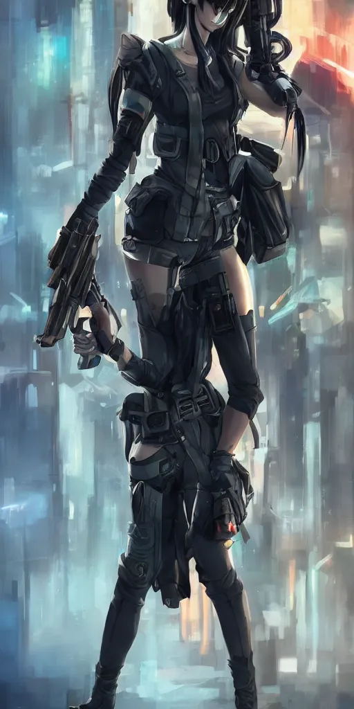 Image similar to fullbody portrait of a beautiful girl dressed in cyberpunk style, standing on street, holding a sniper rifle. by riot games, anime style, masterpiece, award - winning, trending on artstation and pixiv