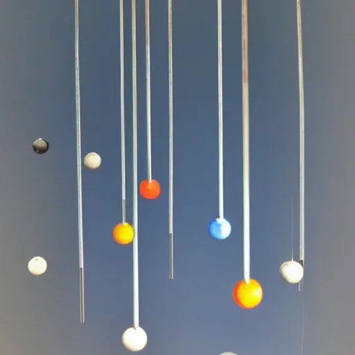 Prompt: a kinetic sculpture of equilibrium. solar system hanging from horizontal rods, blue room