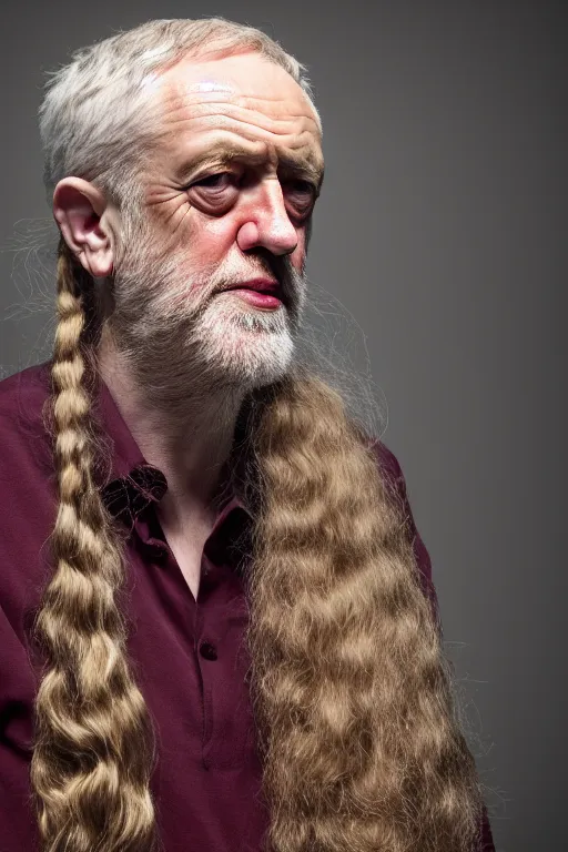 Image similar to jeremy corbyn with very long hair, tied in ponytail, photographed, portrait, photographic, hdr, 4 k