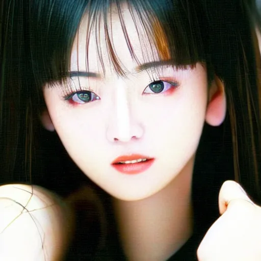 Image similar to 1990s, perfect, dynamic, epic, cinematic 8K HD movie shot of semi-close-up japanese beautiful cute young J-Pop idol actress girl face, she express joy and posing. By a Chinese movie director. Motion, VFX, Inspirational arthouse, at Behance, with Instagram filters, Photoshop, Adobe Lightroom, Adobe After Effects, taken with polaroid kodak portra