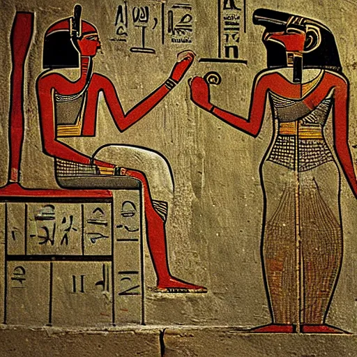 Prompt: ancient egyptian hieroglyphs depicting a person listening to a Walkman CD player