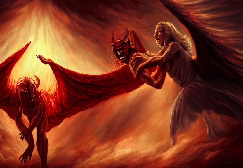 Image similar to demon afraid of an angel painting, good vs evil, highly detailed, digital painting, smooth, sharp focus, illstration, ultra realistic, dmon vs angle, heaven vs hell, 8 k, screaming demon, confident angle