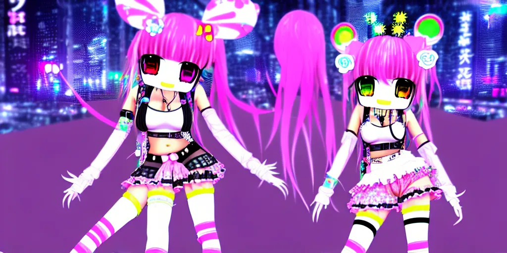 Image similar to 3 d anime render of a decora gyaru kawaii cybergoth emo fashion model vtuber, in a cyberpunk blade runner maximalist city of my melody sanrio plushies, artstation cgsociety