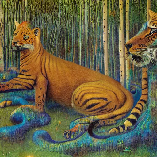 Prompt: psychedelic big cats hiding in the trees lush pine forest, outer space, milky way, designed by arnold bocklin, jules bastien - lepage, tarsila do amaral, wayne barlowe and gustave baumann, cheval michael, trending on artstation, star, sharp focus, colorful refracted sparkles and lines, soft light, 8 k 4 k