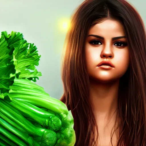 Prompt: photorealistic digital painting of selena gomez as celery hybrid mutant, hd, artstation, 4 k wallpaper