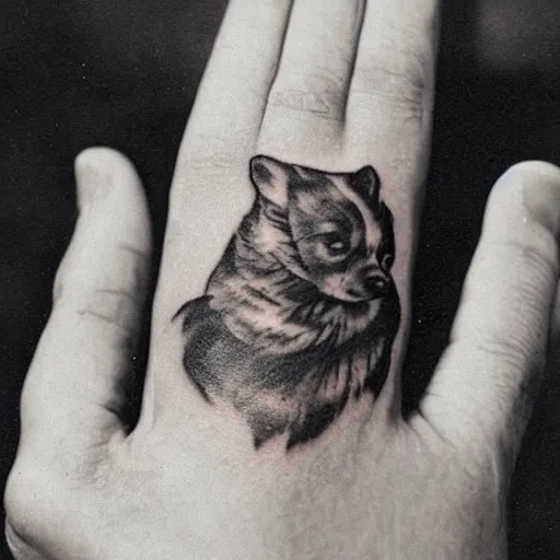 Image similar to a mid 1 9 0 0 s photograph of the back of a hand with a tattoo of a dog on it
