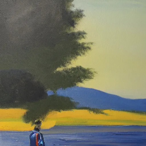 Image similar to guy in a blue jacket, landscape, oil painting