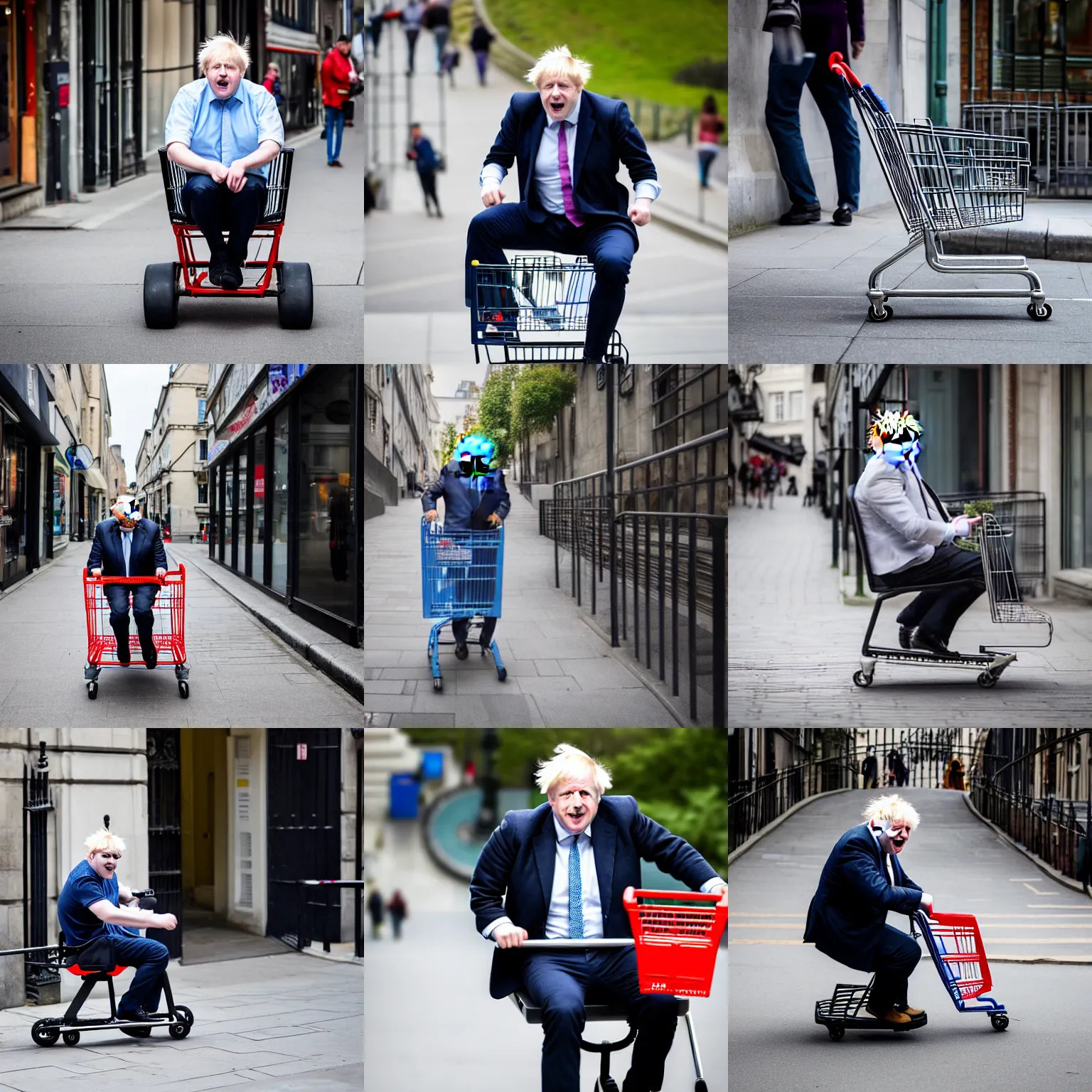 Prompt: excited boris johnson sitting in a shopping cart rolling downhill a very steep inclined street xf iq 4, f / 1. 4, iso 2 0 0, 1 / 1 6 0 s, 8 k, raw, unedited, symmetrical balance, in - frame