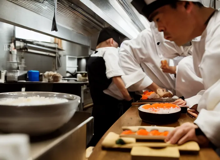 Prompt: a 2 8 mm macro photo from the back of a sushi chef preparing sushi in a commercial kitchen, splash art, movie still, bokeh, canon 5 0 mm, cinematic lighting, dramatic, film, photography, golden hour, depth of field, award - winning, anamorphic lens flare, 8 k, hyper detailed, 3 5 mm film grain