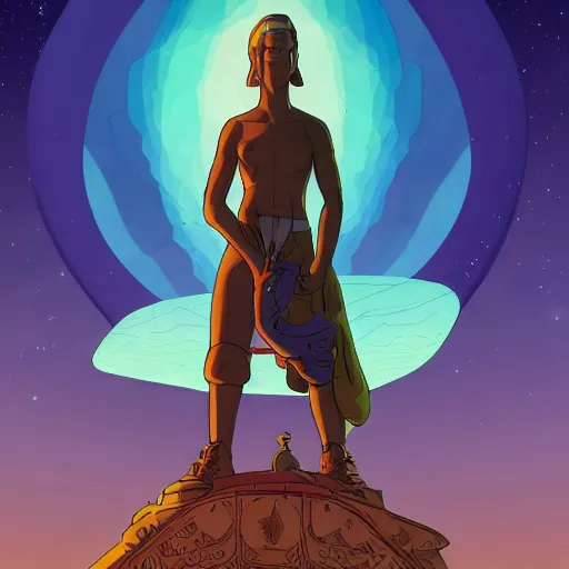 Image similar to a young mixed race male explorer wearing a futuristic headpiece who is standing on top of a giant head of a statue in the style of max prentis and moebius and murton.arts, highly detailed, 8k wallpaper, adventure time colour palette