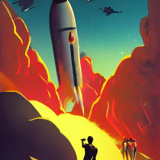 Image similar to a group of people watch a rocket launch on a distant planet, retro, flash gordon, sci fi, comic book cover, artstation, concept art, smooth, sharp focus, illustration,