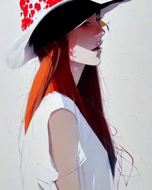 Image similar to a ultradetailed beautiful painting of a stylish woman wearing a white bucket hat, by conrad roset, greg rutkowski and makoto shinkai trending on artstation