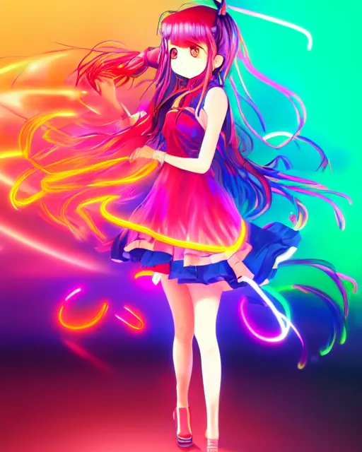 Image similar to anime style, vivid, expressive, full body, 4 k, painting, a cute magical girl idol with a long wavy colorful hair wearing a colorful dress, correct proportions, stunning, realistic light and shadow effects, neon lights, studio ghibly makoto shinkai yuji yamaguchi, wlop