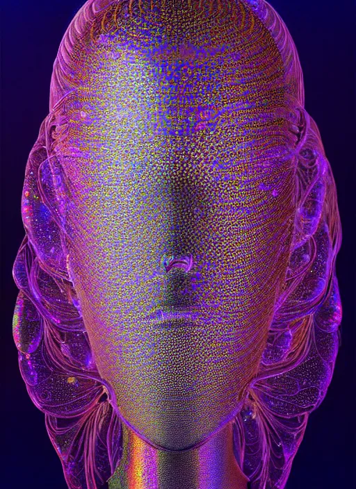 Image similar to 3 d goddess medium shot profile portrait. beautiful intricate highly detailed mask made entirely of bubbles and futuristic iridescent skin. dragonfly, 🪲, phosphorescence, water, reflections, creature, artwork by yayoi kusama, tooth wu and wlop and beeple and greg rutkowski, in the style of hudson river school,