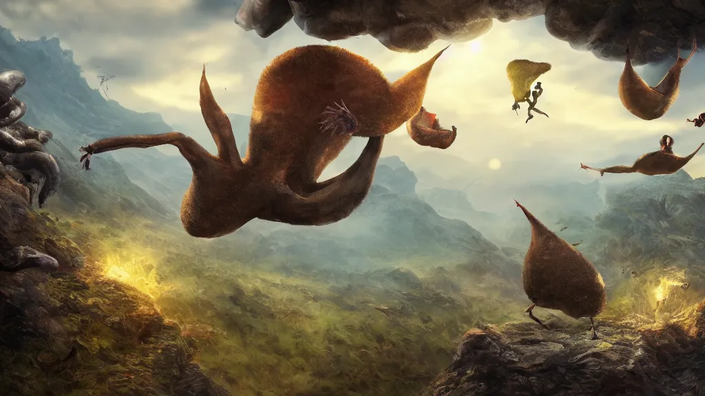 Image similar to giant kiwis falling from the sky, fantasy artwork, very very very beautiful scenery, hd, hdr, ue5, ue6, unreal engine 5, cinematic 4k wallpaper, 8k, ultra detailed, high resolution, artstation, award winning