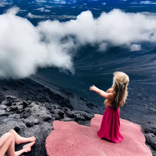 Prompt: a mermaid talking to a little girl on the top of a volcano and dense clouds above
