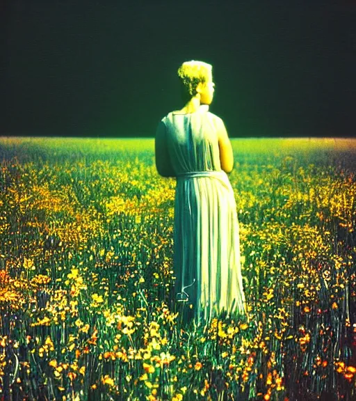 Image similar to mystical death god standing in tall meadow of flowers, distant, vintage film photo, grainy, high detail, high resolution