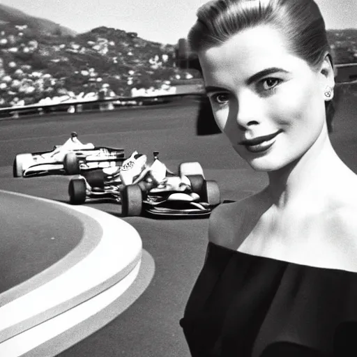 Prompt: selfie smartphone photo of a young Grace Kelly at the Monaco Gran Prix, F1 cars blurred in background, iphone photo, smartphone resolution, trending on instagram, influencer photography